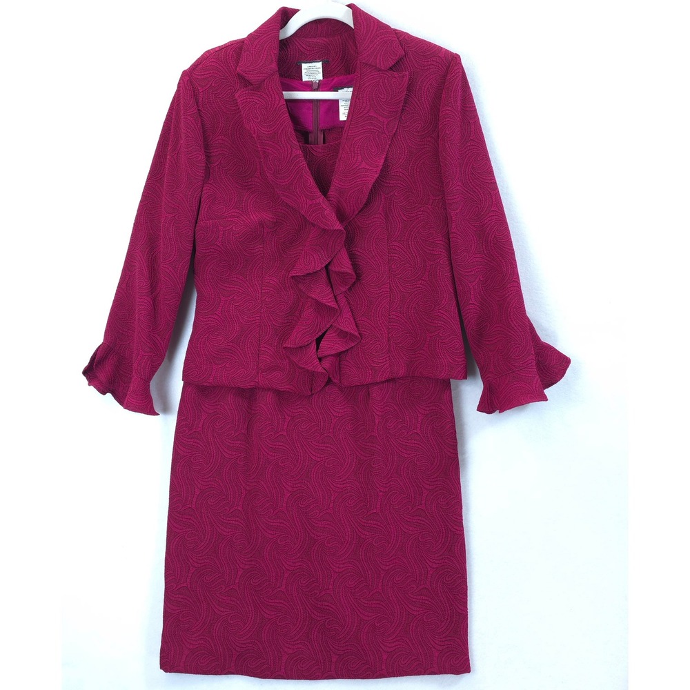 Positive Attitude Dress Suit 2 pcs Ruffle Jacquard Magenta Women 8 Elegant Retro